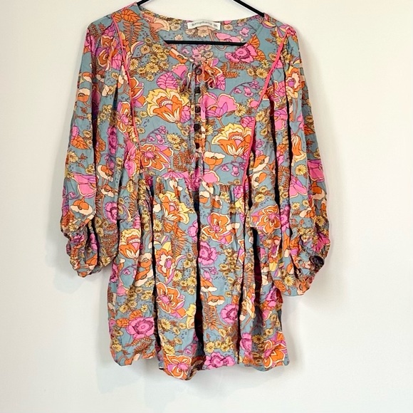 Floral Boho Romper Jumpsuit with Balloon Sleeves - Size: XL - Picture 2 of 12